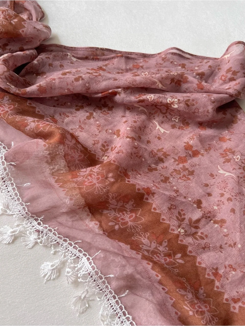 Women's hip scarf bag accessory Floral lace trim sheer Scarf - Pink Brown Y2K